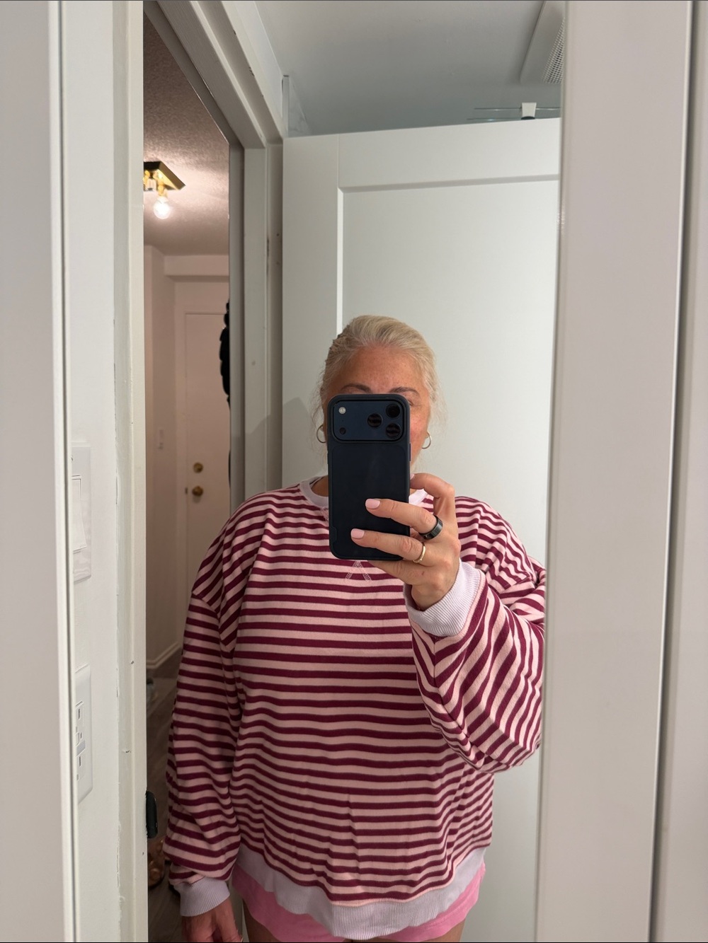 Free People Striped Crewneck Sweatshirt in Burgundy and tan.
